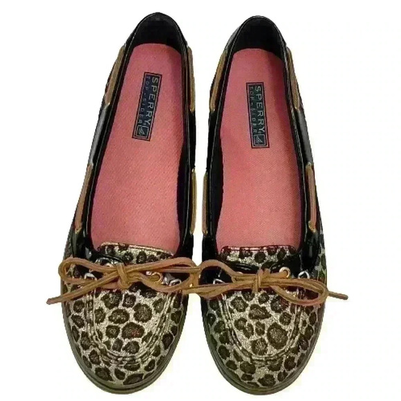 Sperry Shoes - Sperry Top Sider Boat Shoes Sparkly Leopard Brown Black Raw Hide Lace Size 7.5M